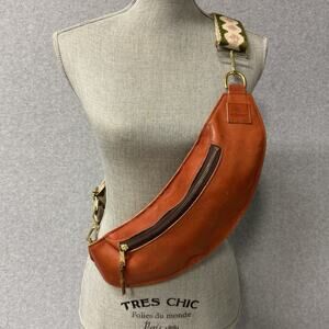 Rellebee Cognac Distressed Leather Crescent Sling Crossbody Bag w/ Woven Strap